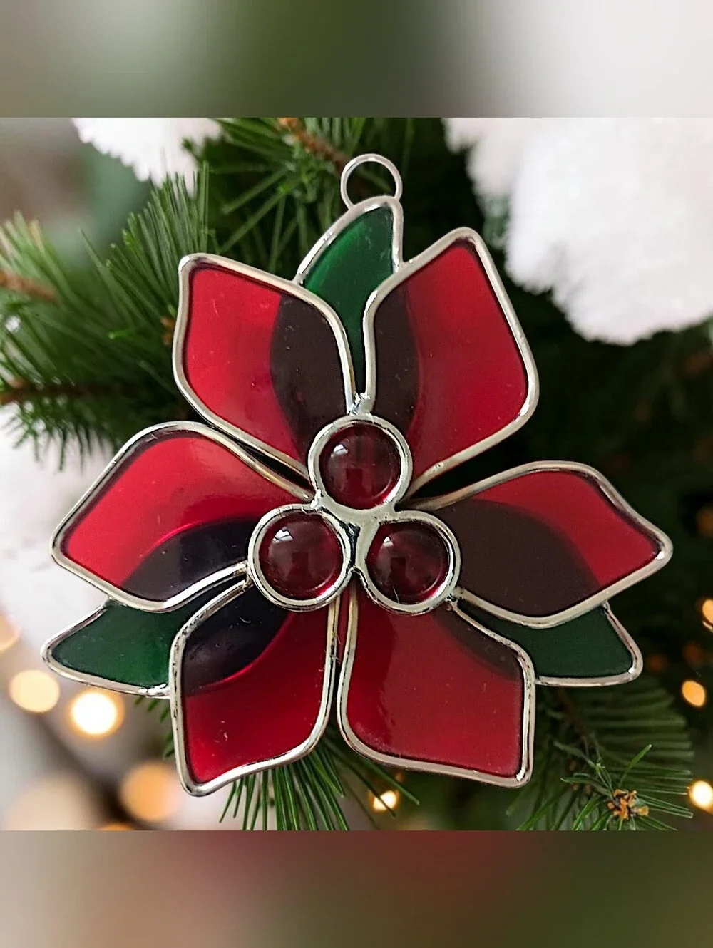 Vintage Stained Glass Poinsettia Suncatcher Ornament Christmas Window Red Green